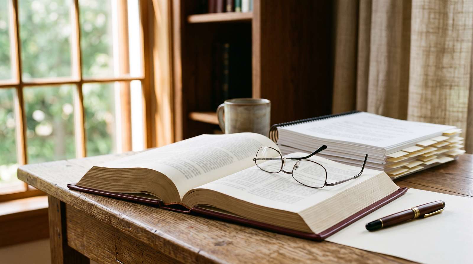 An open case record, tabbed briefs and reading glasses on a desk by a window.