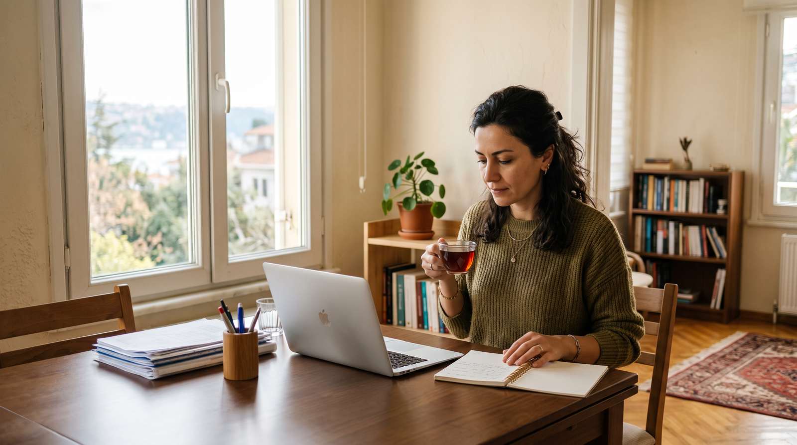 A parent calmly reviews papers at a tidy table with a laptop and a cup of tea.