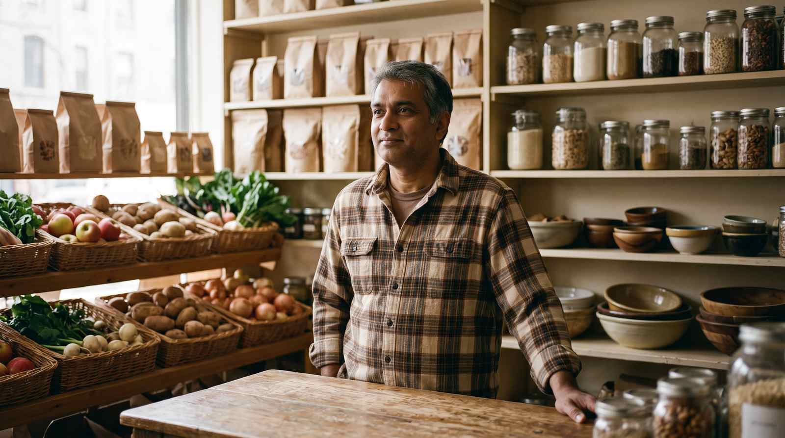 A small-business owner stands behind the counter of his neighborhood shop.