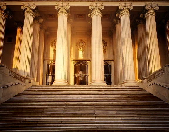 Stone columns and steps of a New York courthouse at golden hour
