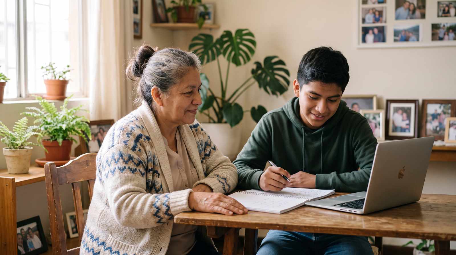A grandmother and her teenage grandson plan for school together at their living-room table.