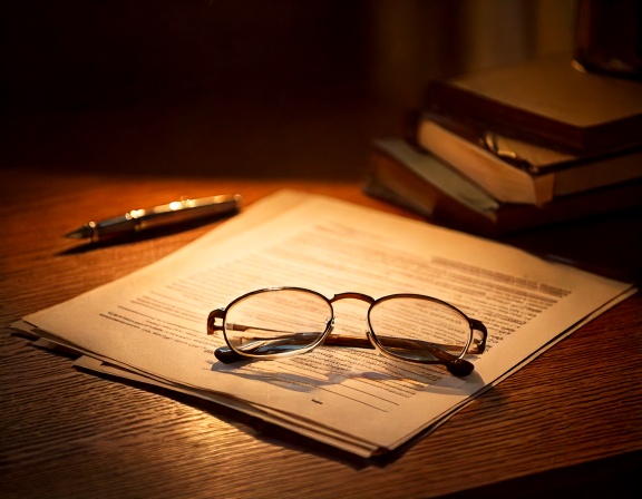 A pen resting on legal documents on a warm wooden desk
